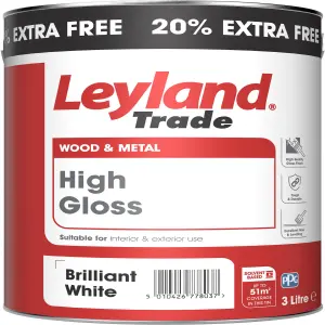 Leyland Trade Pure brilliant white Gloss Metal & wood paint, 3L