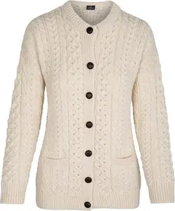 Ladies Traditional Aran Knit Cardigan - Ecru Beige