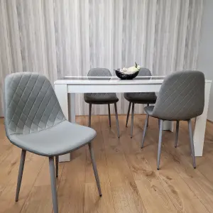 White Black Wooden Dining Table with 4 Grey Stitched Leather Chairs Set