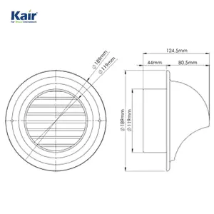 Kair Bull-Nose External Vent 125mm - 5 inch Rear Spigot Stainless Steel Grille with Louvres, Fly Screen and Drip Deflector