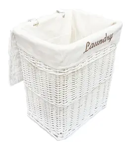 Wicker Rectangle Laundry basket With Cotton Lining + Lid White Large 45x34x54 cm