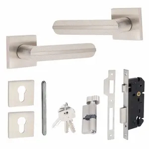 1 Pair Modern Lima Euro Lock Door Handles 70mm Thumbturn Barrell Satin Nickel Finish and Ball Bearing HInges - Golden Grace