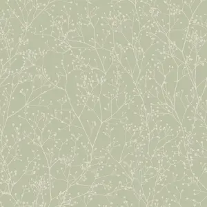 Clarissa Hulse Gypsophila Spring Green & Silver effect Smooth Wallpaper