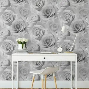 Muriva Bella Grey Flower Wall Rose Bloom 3D Effect Floral Designer Wallpaper