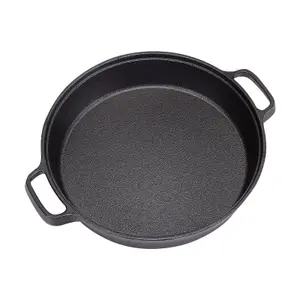 Black Round Pre Seasoned Cast Iron Kitchen Skillet Pan with Double Handles Dia 32cm