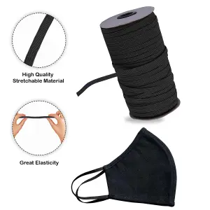 4mm Wide Flat Elastic Band, Stretchable Elastic Cord Flat Tape, Black - 100 metres