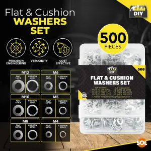 500pk Washer Set Consist of M4 Washers M5 Washers M6 Washers M8 Washers M10 Washers M12 Washers, Small Washers for Screws Metal Wa