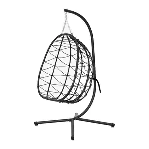 Black Foldable Single Egg Chair Hanging Basket with Metal Bracket and Seat Cushion