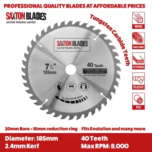 Saxton TCT18540T20B TCT Circular Saw Blade 185mm x 40 Teeth x 20mm Bore + 16mm Ring