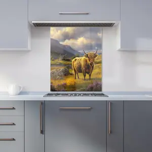 Springtime Highland Cow Kitchen Splashback