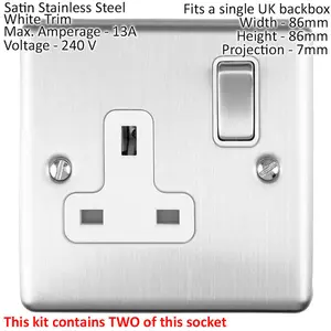 SATIN STEEL Bedroom Socket & Switch Set- 1x Light Switch & 2x UK Power Sockets