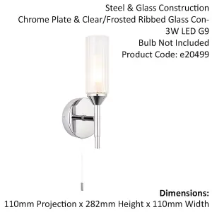 Chrome Plated Bathroom Wall Light - Ribbed Glass Shade & Frosted Diffuser