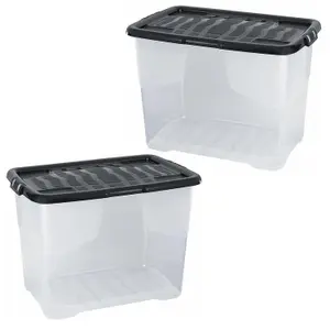 2 x 80 Litres Clear Transparent Base Curve Storage Containers With Black Lids For Home & Office