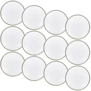 URBNLIVING 32cm Round 12 Pcs Clear Gold Rim Charger Plates Set with Metallic Beaded Coloured Rim