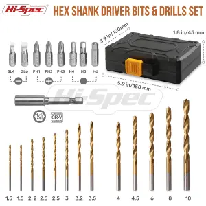 Hi-Spec 24pc HSS Metal Drill Bits & 1/4" Hex Shank Screw Driver Bit Set for Drill Drivers in a Compact Tool Box Case