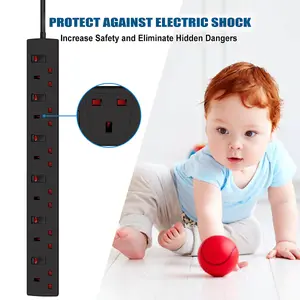 Extrastar 6 Way Socket 13A, 1M, Black, with Indicate Light, Individual Switch, Child-Resistant Sockets