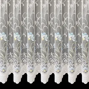 Home Curtains Bella Coloured Floral Net 300w x 115d CM Cut Lace Panel Blue