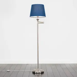 ValueLights Sinatra Adjustable Swing Arm Floor Lamp In Brushed Chrome Finish with Blue Tapered Light Shade with LED GLS Bulb