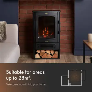 VonHaus Electric Stove Heater 2000W, Electric Fireplace, Indoor Log/Wood Burner Effect, Freestanding Fire, Log Storage, Panoramic