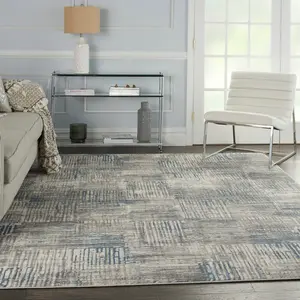 Ivory Grey Blue Abstarct Modern Rug Easy to clean Living Room Bedroom and Dining Room-69 X 221cm (Runner)