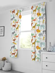 Bloomsbury Mill -  Jungle Animal Curtains for Kids Bedroom - Lined Curtain Pair  with Tie Backs 66 x 72 inch or 168cm x 183cm