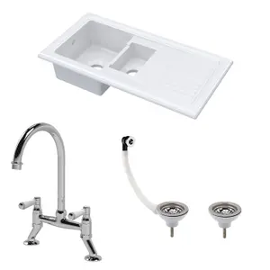 Fireclay Kitchen Bundle - 1.5 Bowl Sink & Drainer, Waste & Bridge Lever Tap, 1010mm - Chrome