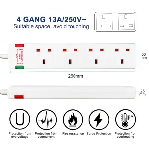 4 Way Socket with Cable 3G1.25,3M,White,with Power Indicater,Child Resistant Sockets,Surge Indicator