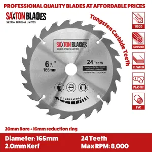 Saxton TCT165MXD TCT Circular Blade 165mm x 24, 36, 48 & 60 Teeth x 20mm Bore & 16mm Ring Pack of 4