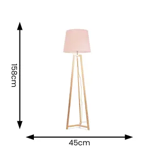 ValueLights Lottie Natural Wood Tripod Floor Lamp with Pink Tapered Shade