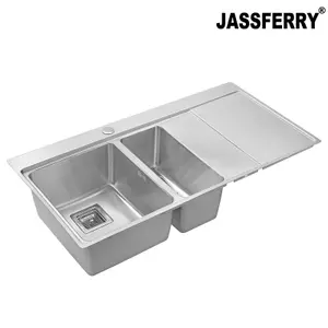 JASSFERRY Inset Kitchen Sink 1.2 mm Thickness Stainless Steel 1.5 Rectangle Bowl Righthand Drainer Square Strainer Plug