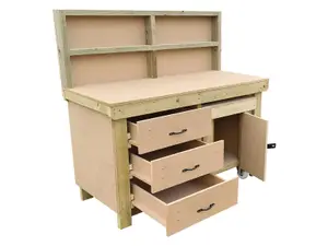 Wooden MDF top workbench with drawers and functional lockable cupboard (V.6) (H-90cm, D-70cm, L-180cm) with back