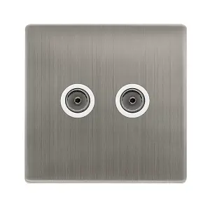 Stainless Steel Screwless Plate 2 Gang Twin Coaxial TV Socket - White Trim - SE Home