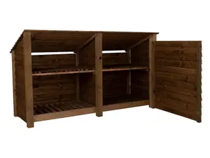 Wooden tool and log store (roof sloping back), garden storage with shelf W-227cm, H-126, D-88cm - brown finish