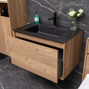 Matterhorn Natural Oak Wall Hung Bathroom Vanity Unit with Black Basin (W)750mm (H)450mm