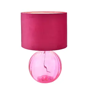 Contemporary Light Pink Ribbed Glass Table Lamp with Soft Velvet Fabric Shade