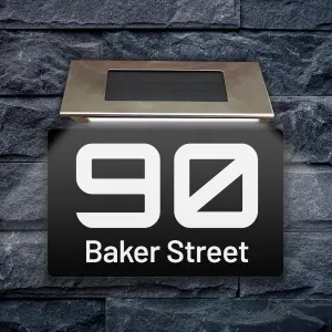 Personalised Aluminium House Plaque with Solar Light Customised with Your House Number and Street Name 160 x 280mm Black