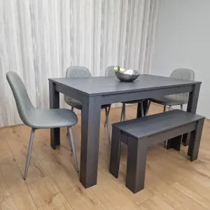 Dark Grey Dining Table with 4 Diamond Stitched Grey Chairs and 1 Bench