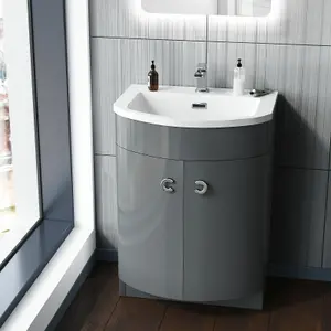 Nes Home 600mm Freestanding Modern Grey Gloss Basin Vanity Storage Unit