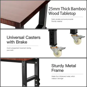 Costway 120cm Adjustable Workbench Heavy-duty Workstation W/ Bamboo Top & Lockable Casters