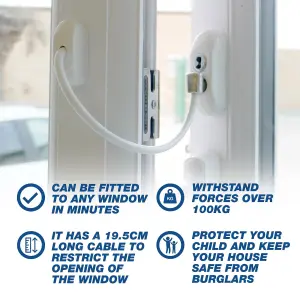 UAP Window Restrictor with Key - Window Safety Locks - 20cm Cable - All Types of Windows - 2 Locks -White - White Cable