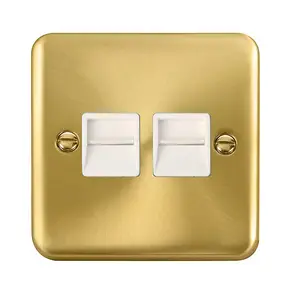 Curved Satin / Brushed Brass Master Telephone Twin Socket - White Trim - SE Home