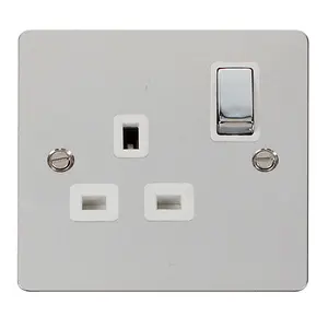 Flat Plate Polished Chrome 1 Gang 13A DP Ingot Switched Plug Socket - White Trim - SE Home