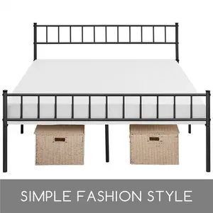 Minimalist Metal Bed Frame with Slatted Headboard Black / Kingsize (5')