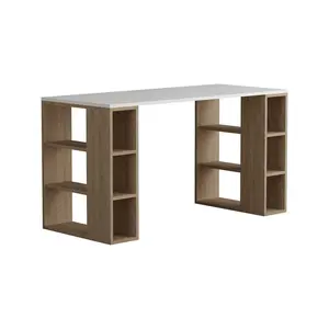 Simone Modern Desk with Built-in Bookcase – Stylish Workspace Desk with 6 Open Shelves Oak / White