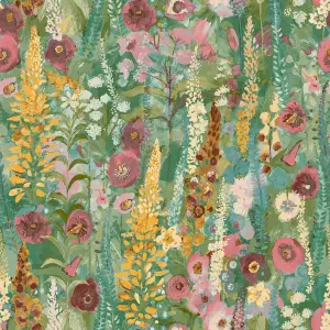 Grandeco Handpainted Delphinium Forest Floral Garden Textured Wallpaper, Green Pink