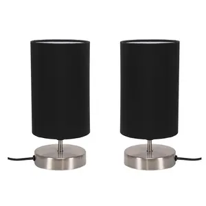 ValueLights Francis Pair - Brushed Chrome Cylinder Touch Dimmer Table Lamp with Black Fabric Shade Bedside Light