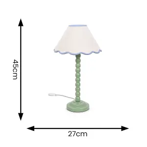 ValueLights Bobbles Sage Green Bobbin Table Lamp with Blue Trim Scallop Shade