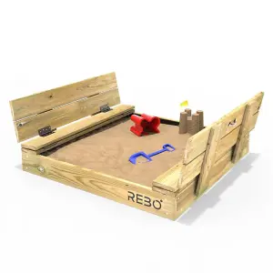 Rebo Wooden Sandpit Ball Pool with Folding Lid and Benches Sandbox 100cm x 100cm