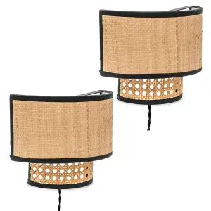 ValueLights Grant Pair of - Plug in Natural Rattan Wicker Cane Easy Fit Wall Lights