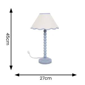 ValueLights Bobbles Powder Blue Bobbin Table Lamp with Blue Trim Scallop Shade